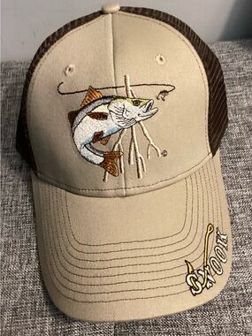 Snook Just Hook Em Fly Fishing Hat Mens Adj Back Brown Embroidered Fish Ball Cap